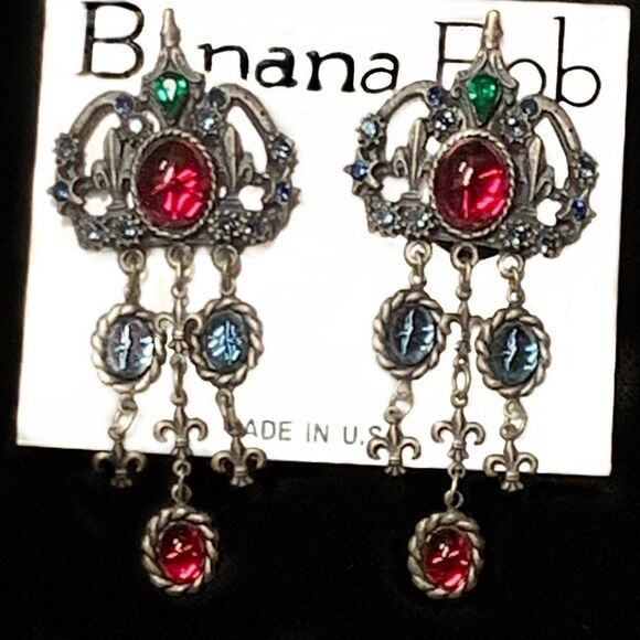 Banana Bob Moghul theme chandelier earrings Ruby emerald sapphire glass clips - Picture 2 of 6